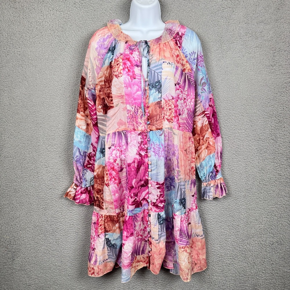 Johnny Was Jade Dress Women XS Pink Floral Sheer Silk Blend Boho Hippie Festival